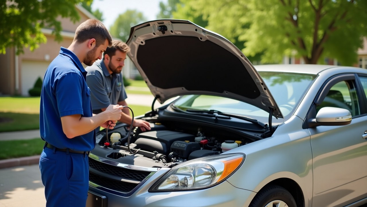 A certified mobile mechanic working on a car engine in a residential driveway in Pittsburgh, Pennsylvania.