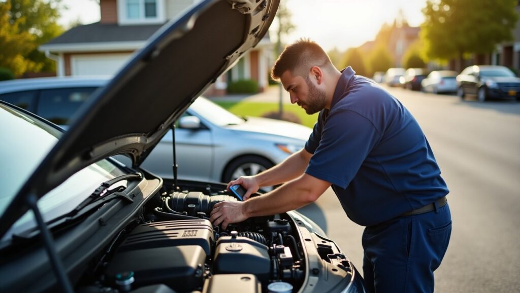 A certified mobile mechanic working on a car engine in a residential driveway in Pittsburgh, Pennsylvania.