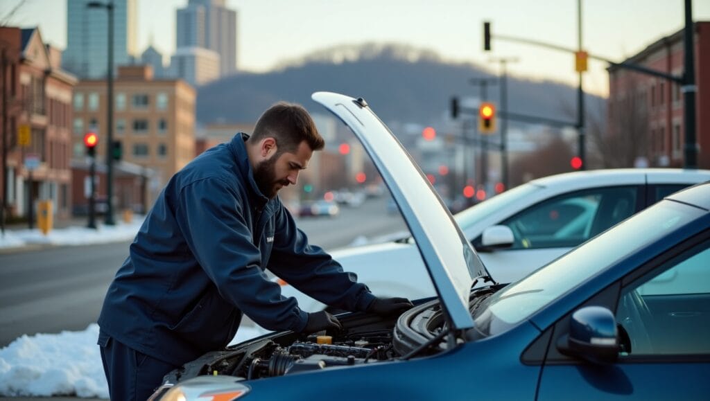 Mobile mechanic working on a car in Pittsburgh, PA. The mechanic is in a driveway, wearing a uniform and fixing an engine, with the iconic Pittsburgh skyline and hilly streets in the background.