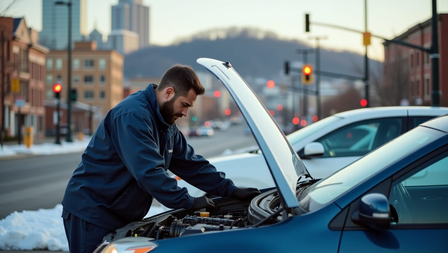 Mobile mechanic working on a car in Pittsburgh, PA. The mechanic is in a driveway, wearing a uniform and fixing an engine, with the iconic Pittsburgh skyline and hilly streets in the background.