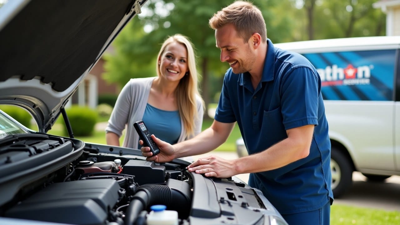 Certified mobile mechanic using safety precautions during car service in Pittsburgh.