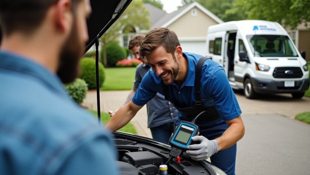 Mobile mechanic in Pittsburgh performing safe vehicle repair in residential driveway.